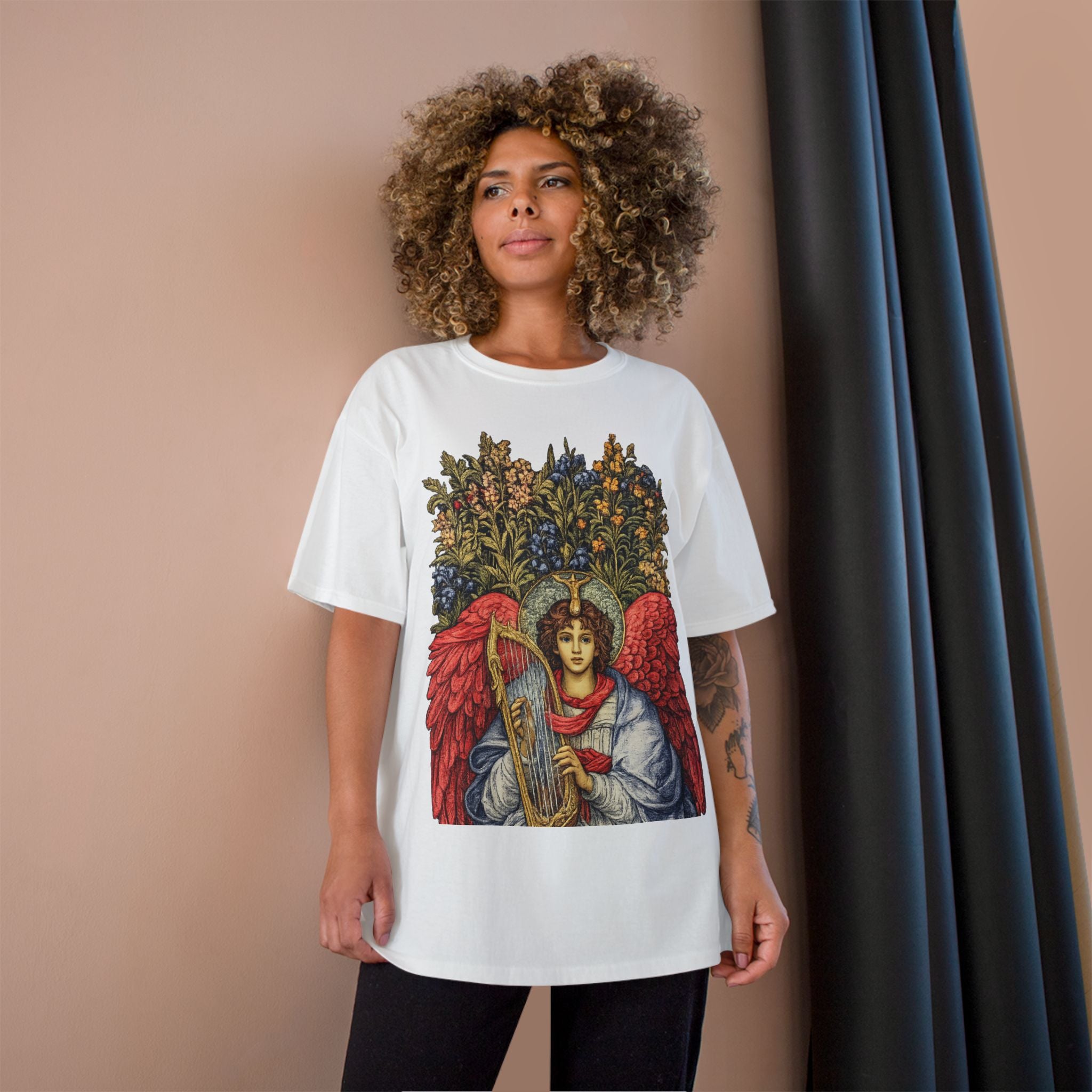 Victorian Angel with Harp T-Shirt | Floral Halo Illustration