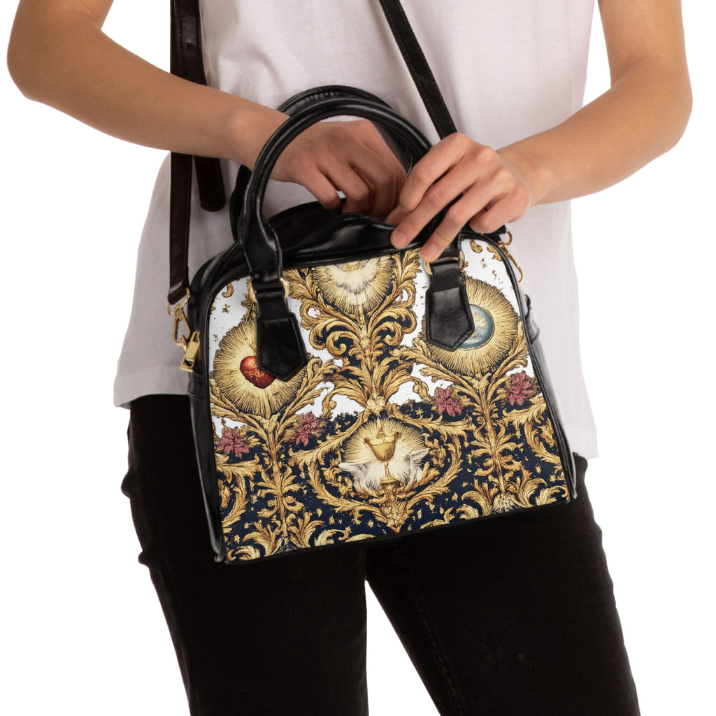 Ornate Baroque Heart Motif Shoulder Handbag | Vintage Floral Damask Pattern