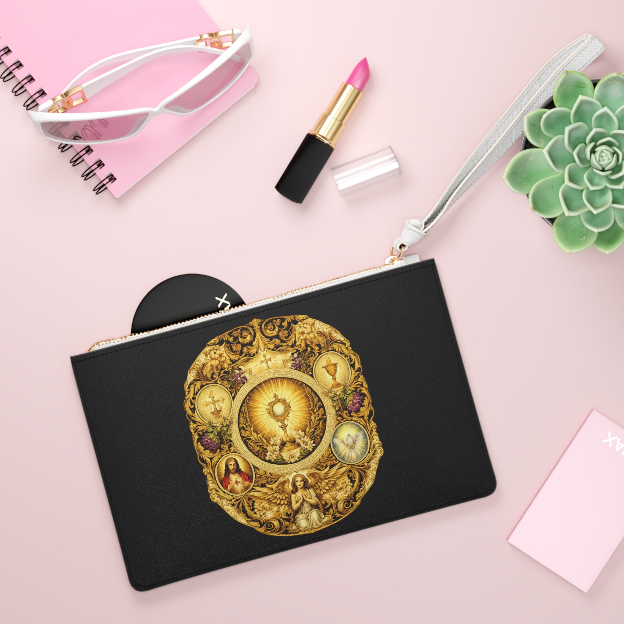 Sacred Eucharist Illustration Clutch Bag | Religious Iconography, Gold Ornate Design
