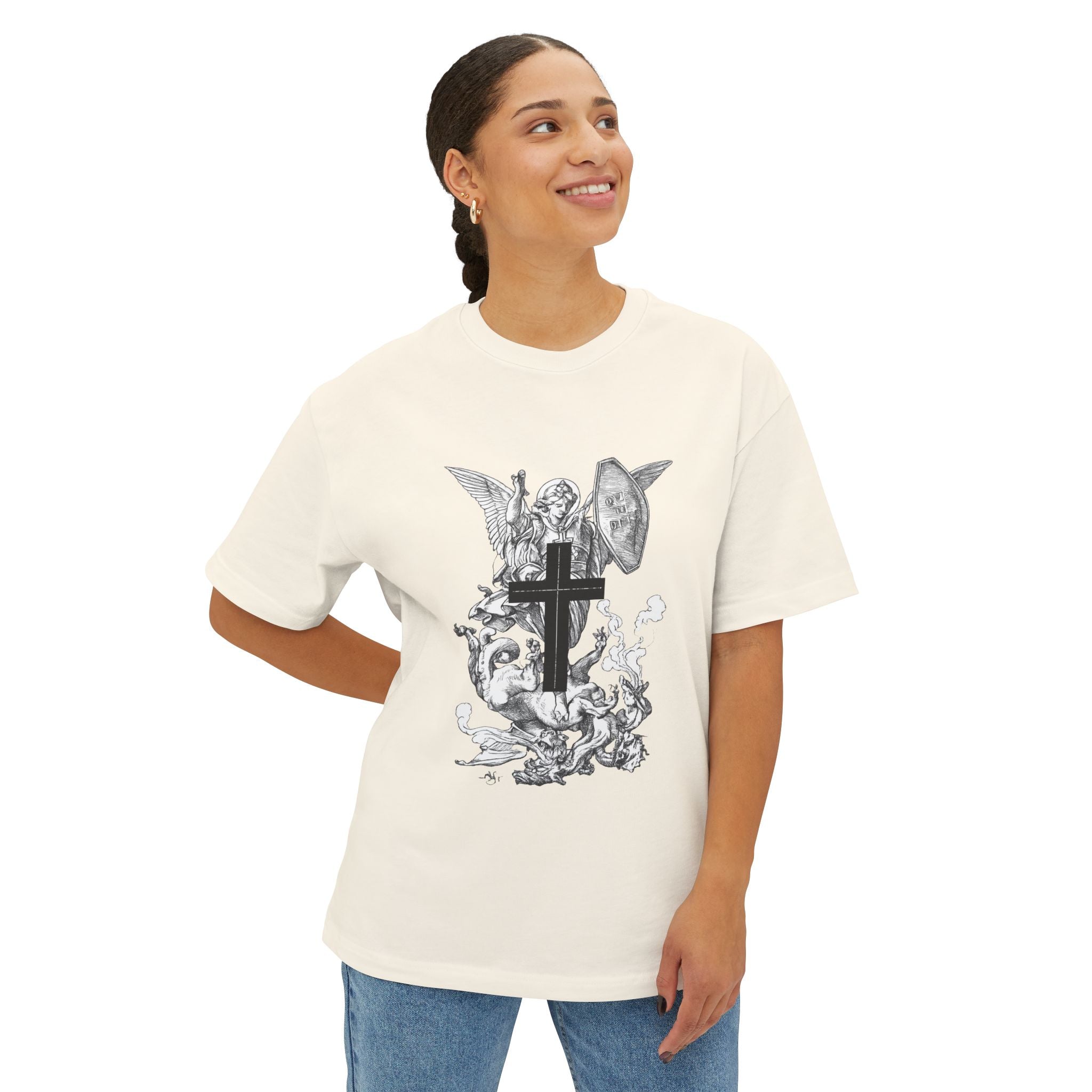 Saint Michael Archangel illustration Tee | Angel slaying dragon T-Shirt