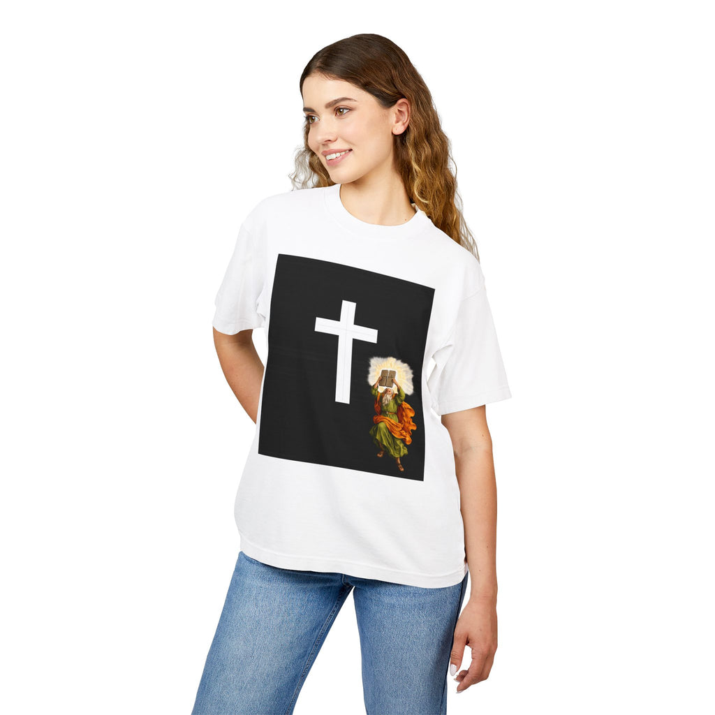 Christian Cross with Saint Illustration T-Shirt | Religious Faith Tee