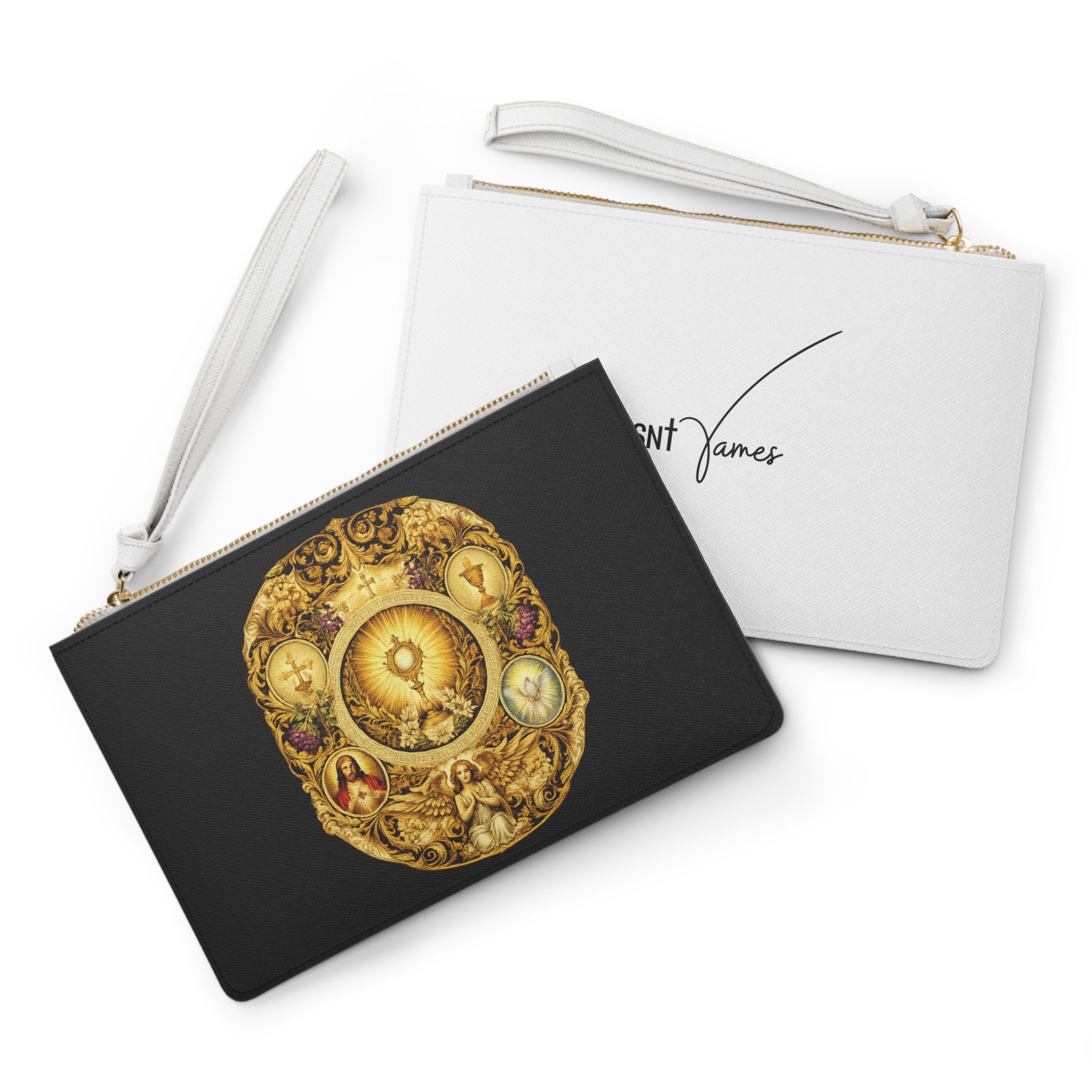 Sacred Eucharist Illustration Clutch Bag | Religious Iconography, Gold Ornate Design
