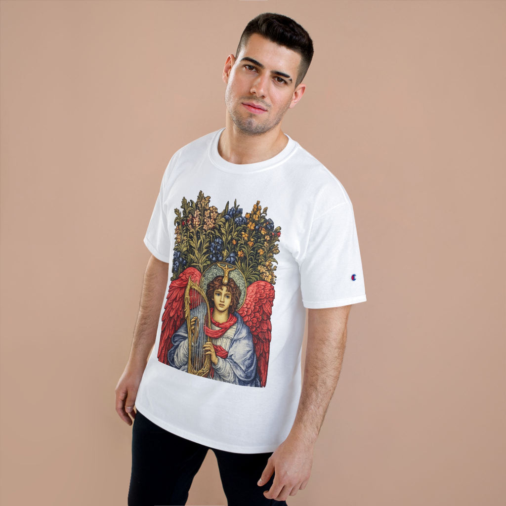 Victorian Angel with Harp T-Shirt | Floral Halo Illustration
