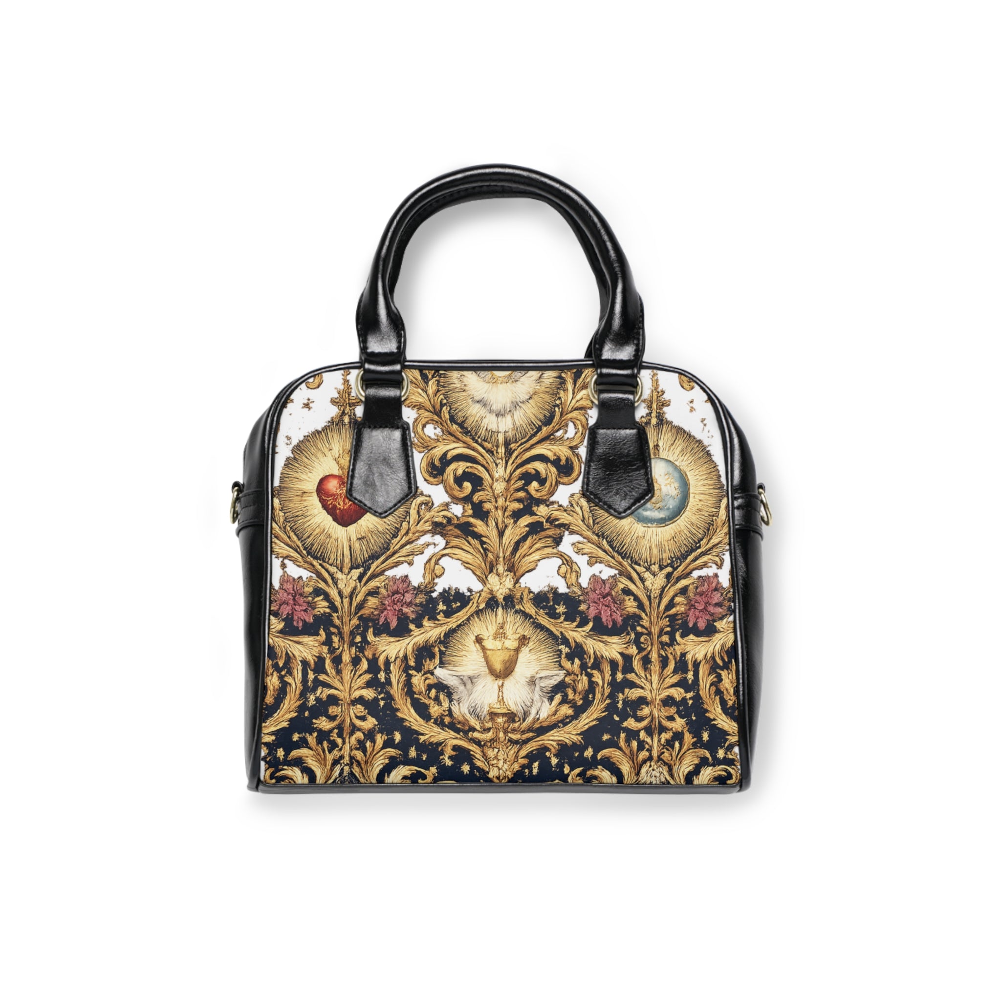 Ornate Baroque Heart Motif Shoulder Handbag | Vintage Floral Damask Pattern