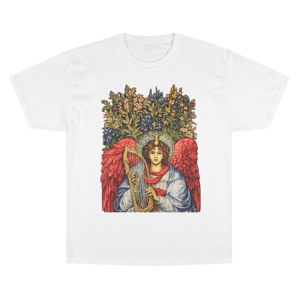 Victorian Angel with Harp T-Shirt | Floral Halo Illustration