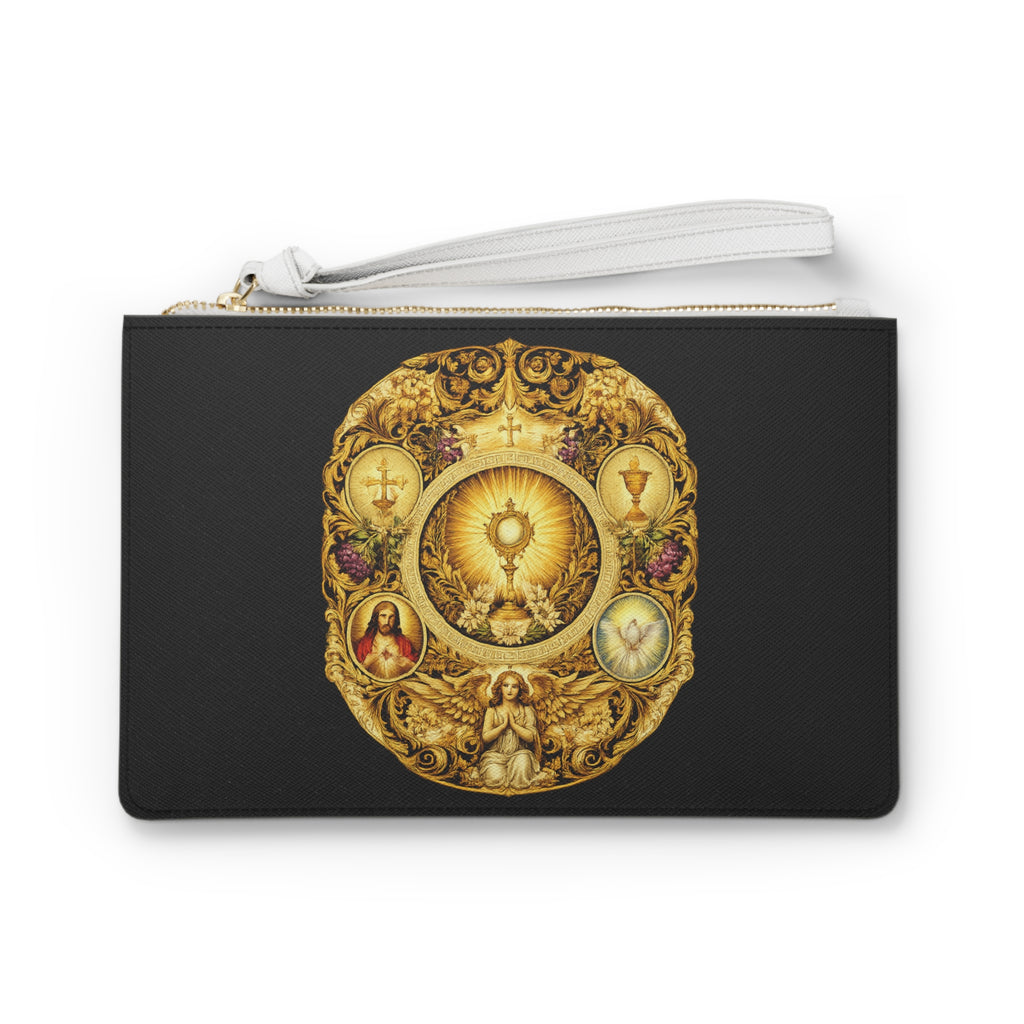 Sacred Eucharist Illustration Clutch Bag | Religious Iconography, Gold Ornate Design
